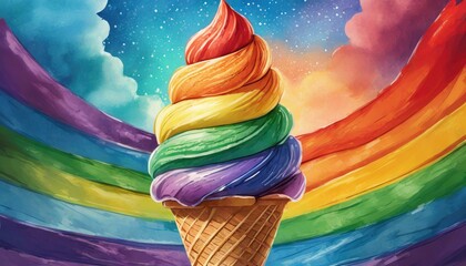 cono de helado con los colores de la bandera LGBTQ+ - obrazy, fototapety, plakaty