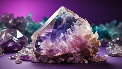 Majestic close-up of a large amethyst geode with intricate crystal formations and deep purple tones