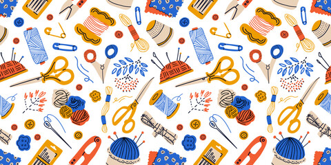 Seamless pattern with different sewing and embroidery tools on white background. Endless repeating texture with craft items for printing. Colored flat vector illustration of printable backdrop