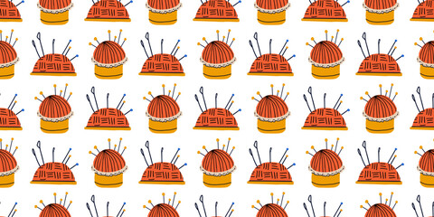 Seamless pattern with different sewing and embroidery tools on white background. Endless repeating texture with craft items for printing. Colored flat vector illustration of printable backdrop