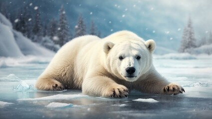 Obraz premium A majestic polar bear shown lying relaxed on an icy surface under a serene snowy backdrop