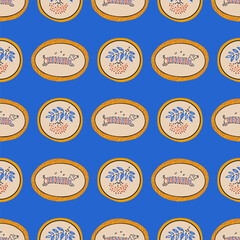 Seamless pattern with different sewing and embroidery tools on white background. Endless repeating texture with craft items for printing. Colored flat vector illustration of printable backdrop