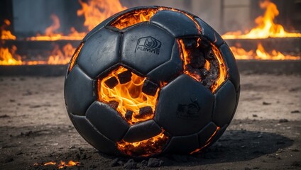 Intense flames engulf a soccer ball, illustrating a concept of power, destruction, or an intense game