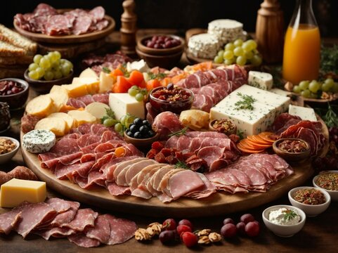 Gourmet selection of salami, ham, cheeses, and fruit served on a wooden board, ideal for social gatherings