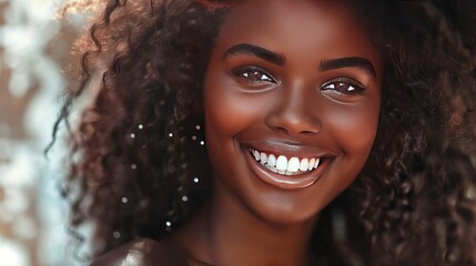 Stunning portrait of a radiant African woman. The model's vibrant brunette curls, flawless dark skin, and captivating smile exude a magnetic presence.