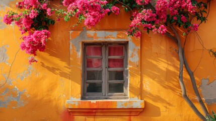   A yellow building's window displays pink flowers on the sill A tree stands in front