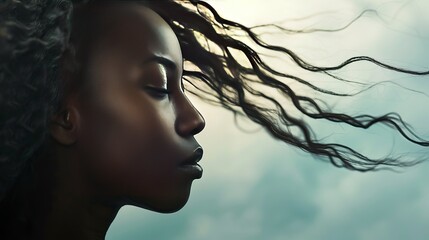 Stunning side profile of a black woman with her hair flowing in the wind.