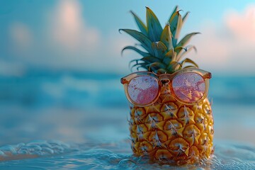 Pineapple is wearing black sunglasses and sunglasses on a blue background. Advertising accessories, summer, vacation. - obrazy, fototapety, plakaty