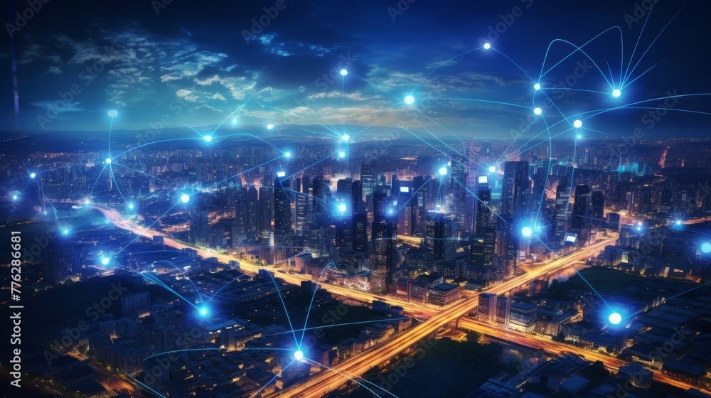 Poster imaginative visual of smart digital city with globalization abstract graphic showing connection netw