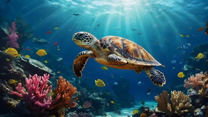 Fotobehang A sea turtle swims amidst vibrant coral reefs, surrounded by various fish, under the serene, sunlit ocean. A captivating underwater scene   © solom