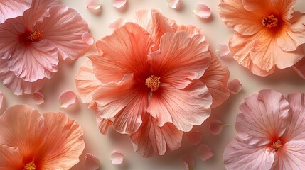   A group of pink and orange flowers sits atop a pink and orange flower bed against a white backdrop