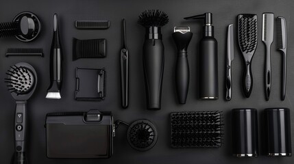 Barber's Black Tools. Professional Beard and Neck Brush Hair Clippers. On Black Background - obrazy, fototapety, plakaty