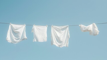 White clothes flutter on a clothesline against a clear blue sky.
