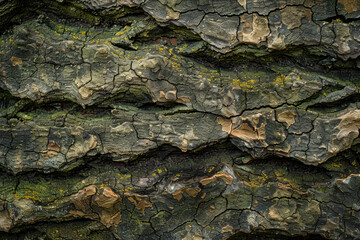 The bark of a tree is rough and has a lot of moss growing on it