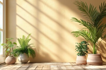 Minimalistic abstract gentle light beige background for product presentation with sunlight and plants