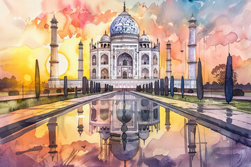 The Taj Mahal is a beautiful white building with a blue dome - obrazy, fototapety, plakaty