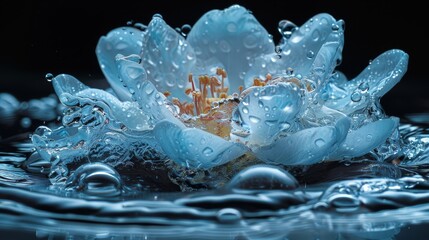   A tight shot of a water droplets' surface, adorned by a bloom in its midst, against a black backdrop