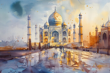 A painting of the Taj Mahal with a group of people walking by - obrazy, fototapety, plakaty