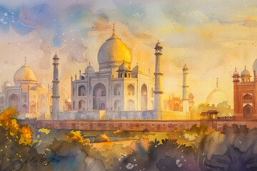 The painting depicts a beautiful city with a large white Taj Mahal in the center