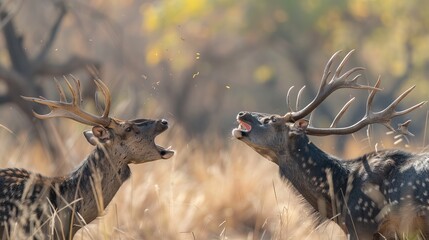 Two male Sambar deer engage in a fierce battle, their large antlers clashing for dominance in Ranthambore National Park, India.