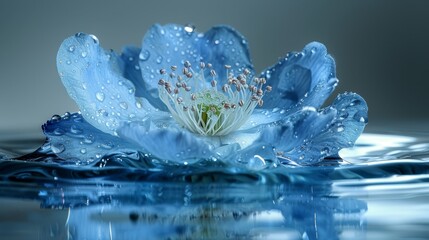   A blue bloom hovering above a waterbody, shedding pearls of liquid from its moistened petals - obrazy, fototapety, plakaty