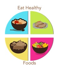 A colorful image of four bowls of food, each with a different color