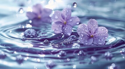 Naklejka na ściany i meble A collection of violet blossoms hovering above a blue water expanse, dotted with water droplets