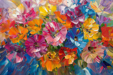 A painting of a bouquet of flowers with a blue background