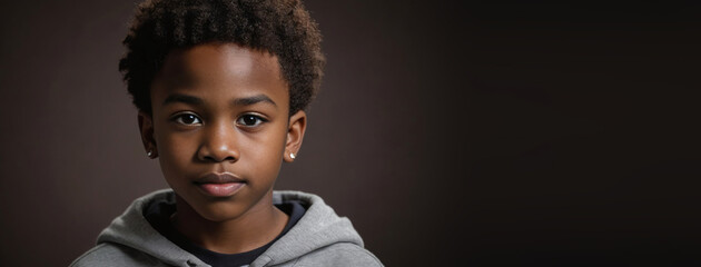 An African American Juvenile Boy, Isolated On A Dark Brown Background With Copy Space