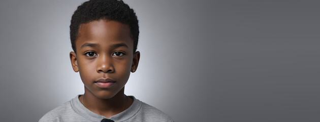 An African American Juvenile Boy, Isolated On A Silver Background With Copy Space