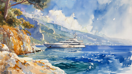 watercolor drawing of a large yacht at sea - obrazy, fototapety, plakaty