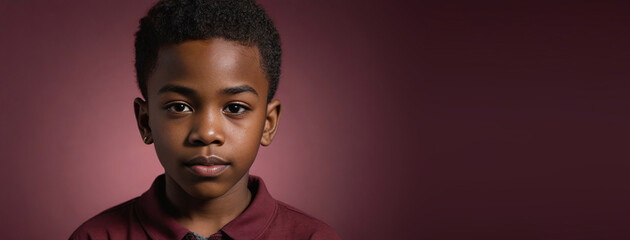 An African American Juvenile Boy, Isolated On A Ruby Background With Copy Space