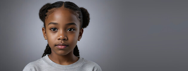 10-12 Years African American Juvenile Girl, Isolated On A Silver Background With Copy Space