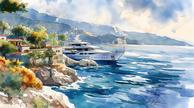 watercolor drawing of a large yacht at sea