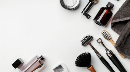 Men's shaving accessories and text space in a flat lay composition on a white background