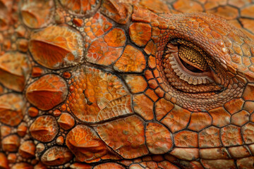 The eye of a lizard is shown in detail, with the iris and eyelashes visible