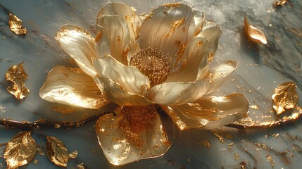  A close-up of a flower on a surface with gold-flaked petals