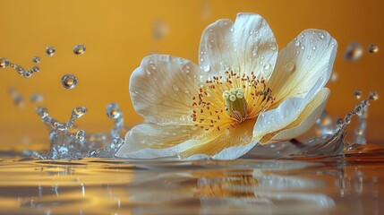   A white flower floating on the water's surface, with droplets forming at its base