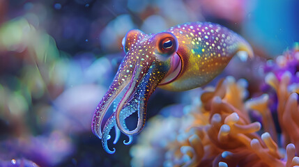 A curious squid tentatively exploring its surroundings, its vibrant colors contrasting against a softly blurred coral reef backdrop