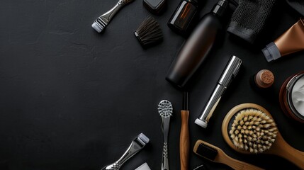 Concept of health and beauty for men. A variety of grooming and shaving tools arranged against a dark backdrop