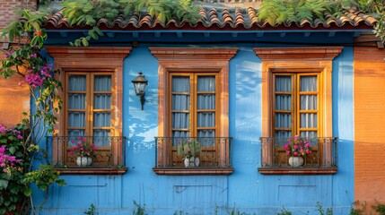 Fototapeta na wymiar A three-windowed blue building, adorned with a lamp and floral growth beside each window