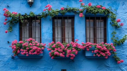 Fototapeta na wymiar A three-windowed blue building adorned with pink flower-filled window boxes