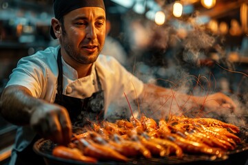 Chef in restaurant kitchen frying shrimp on grill