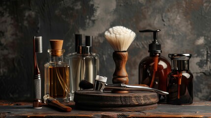Obraz na płótnie Canvas Man's shaving accessories on a table in front of a dimly lit backdrop