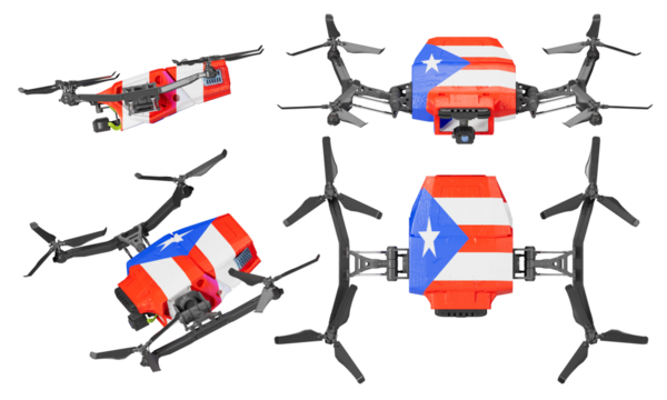 Red and Blue Drones with Puerto Rico Flag Design on a Stark Black Background