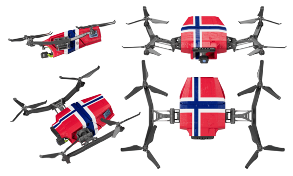 Quadcopter Drones Adorned with Norwegian Flag Design on Black Background