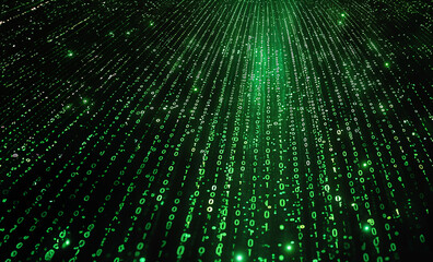 An infinite string of computer code drifts in space in a matrix abstract image about technology &  artificial intelligence - green and black minimalistic digital high tech business background or layer