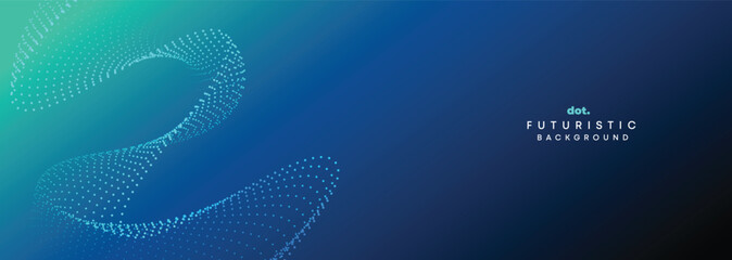 Dark Blue Green Gradient Flowing Dot Waving Particle Geometric Technology Abstract Banner Background. Digital Futuristic Navy Blue Dotted Wave Concept For Science, Music cover, website, header