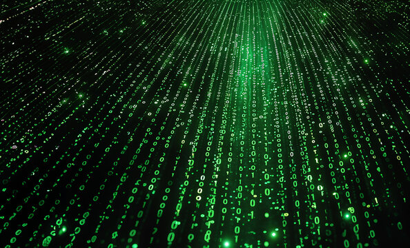 An infinite string of computer code drifts in space in a matrix abstract image about technology &  artificial intelligence - green and black minimalistic digital high tech business background or layer