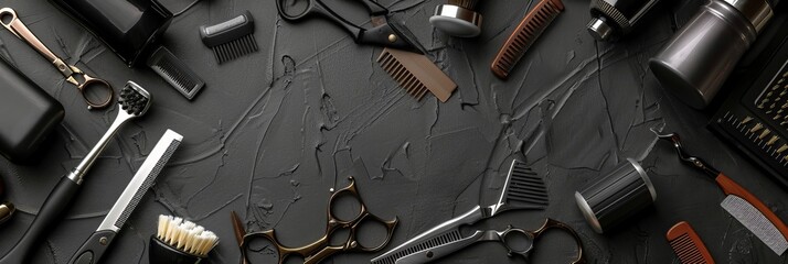 Shaving, Razor, brush, Comb, scissor, clippers and hair trimmer. Accessories for Barber shop equipment on black background Top view copyspace 